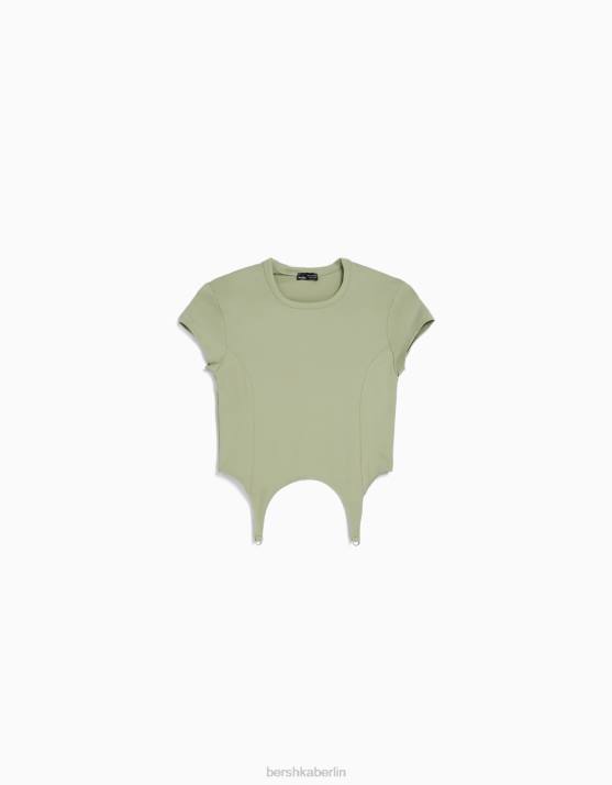khaki Bershka Frauen Kurzarm-T-Shirt mit Details H00J508