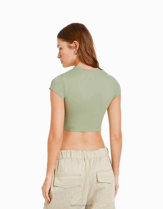 khaki Bershka Frauen Kurzarm-T-Shirt mit Details H00J510