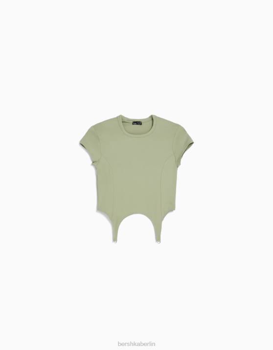 khaki Bershka Frauen Kurzarm-T-Shirt mit Details H00J510