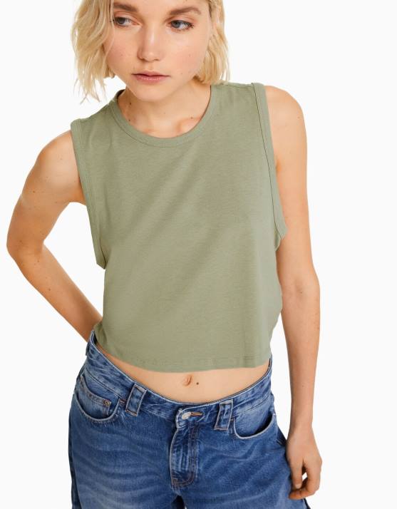 khaki Bershka Frauen Muskelshirt H00J458