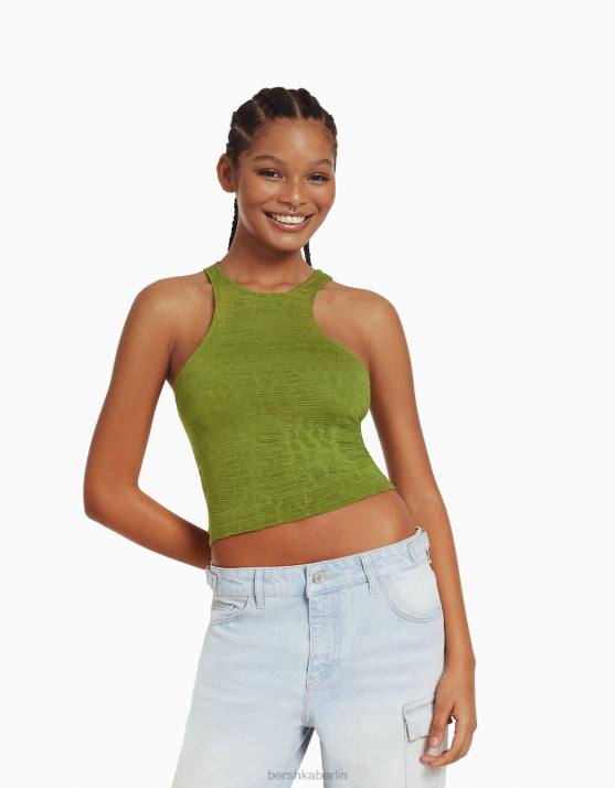 khaki Bershka Frauen Strukturiertes, ärmelloses T-Shirt mit Racerneck H00J375