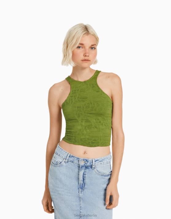 khaki Bershka Frauen Strukturiertes, ärmelloses T-Shirt mit Racerneck H00J377