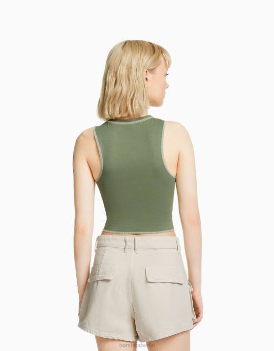 khaki Bershka Frauen Ärmelloses T-Shirt mit kontrastierenden Nähten und Aufdruck H00J584