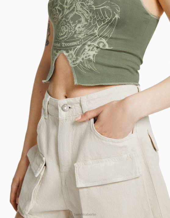 khaki Bershka Frauen Ärmelloses T-Shirt mit kontrastierenden Nähten und Aufdruck H00J584
