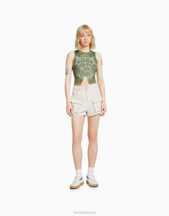 khaki Bershka Frauen Ärmelloses T-Shirt mit kontrastierenden Nähten und Aufdruck H00J584