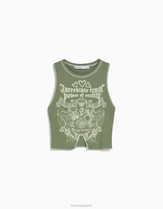 khaki Bershka Frauen Ärmelloses T-Shirt mit kontrastierenden Nähten und Aufdruck H00J584