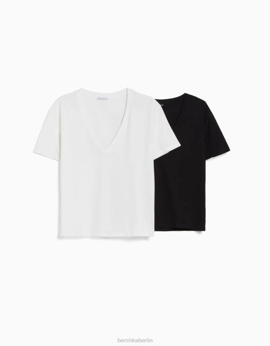 mehrfarbig Bershka Frauen 2er-Pack kurzärmlige T-Shirts mit V-Ausschnitt in normaler Passform H00J635