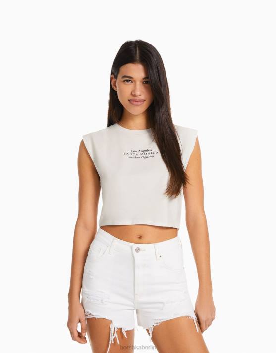 nicht-gerade weiss Bershka Frauen Bedrucktes ärmelloses T-Shirt H00J319