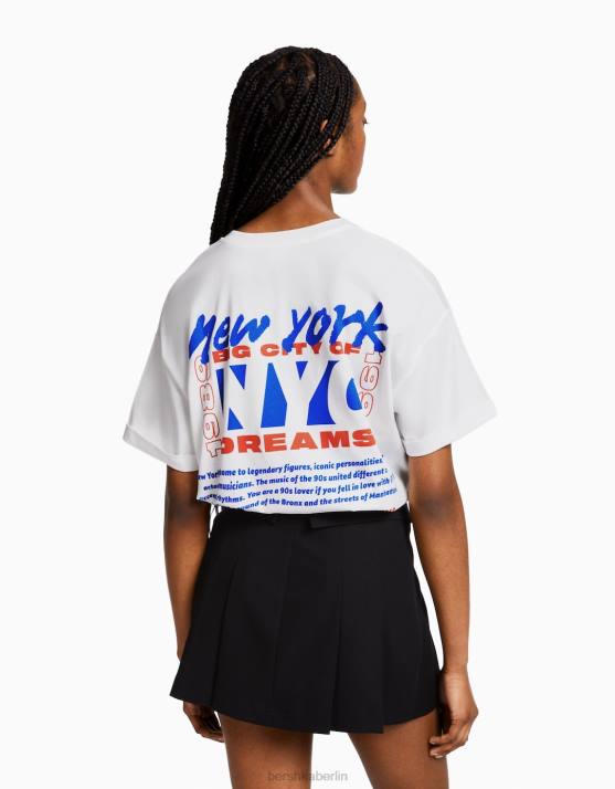 nicht-gerade weiss Bershka Frauen Kurzarm-T-Shirt mit Aufdruck H00J404