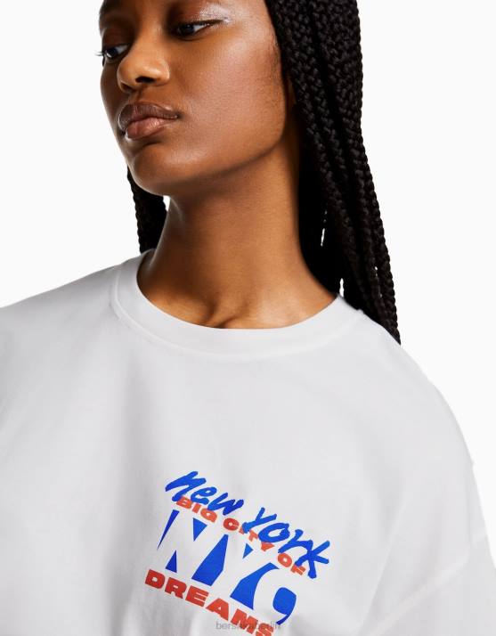 nicht-gerade weiss Bershka Frauen Kurzarm-T-Shirt mit Aufdruck H00J404