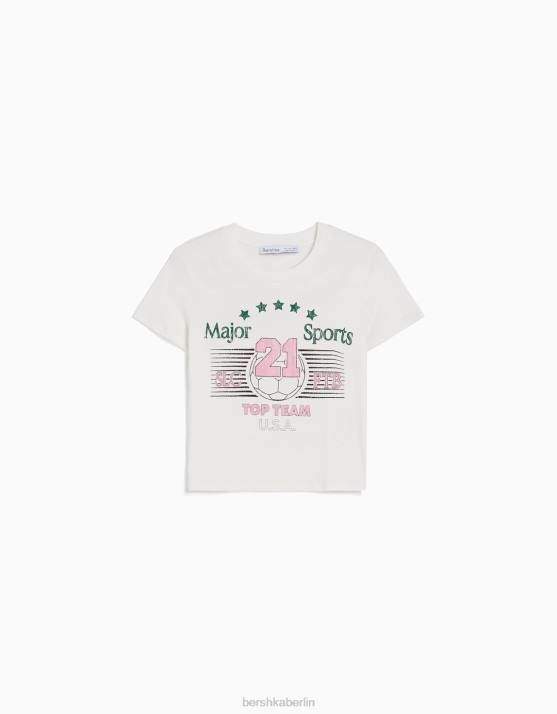 nicht-gerade weiss Bershka Frauen Kurzarm-T-Shirt mit Aufdruck H00J493