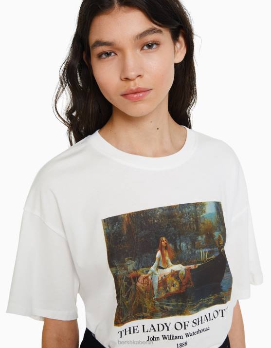 nicht-gerade weiss Bershka Frauen Kurzarm-T-Shirt mit Kunstserie-Print H00J448