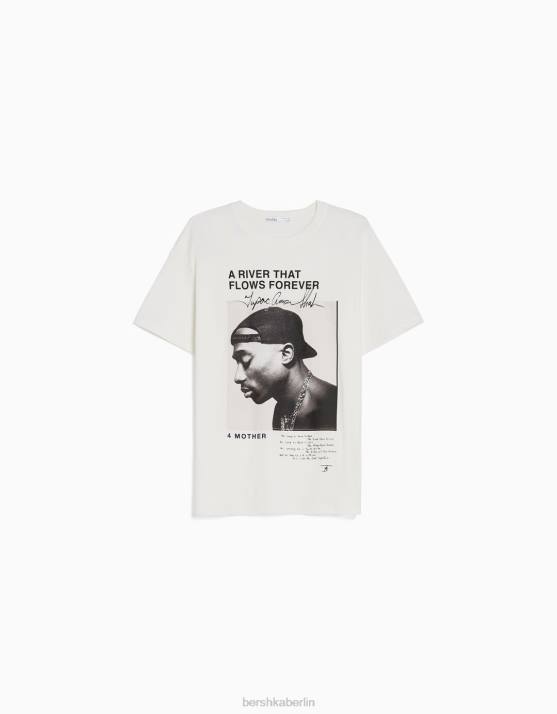 nicht-gerade weiss Bershka Frauen Kurzarm-T-Shirt mit Tupac-Print H00J342