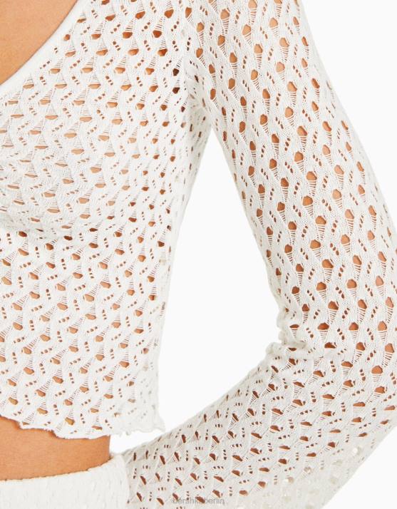 nicht-gerade weiss Bershka Frauen Langärmliges, rustikales T-Shirt mit Bindedetail H00J423