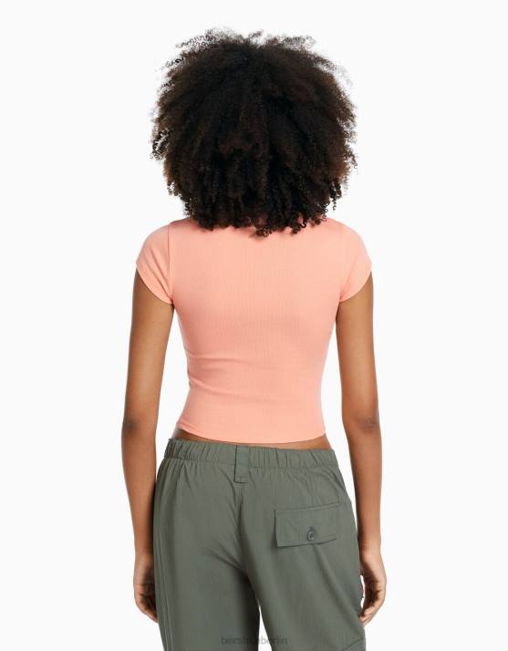 orange Bershka Frauen Geripptes Kurzarm-T-Shirt H00J350