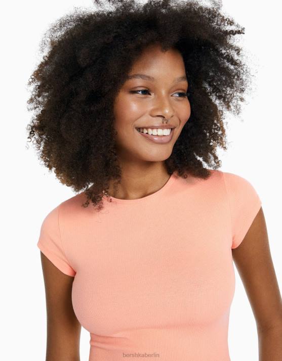 orange Bershka Frauen Geripptes Kurzarm-T-Shirt H00J350