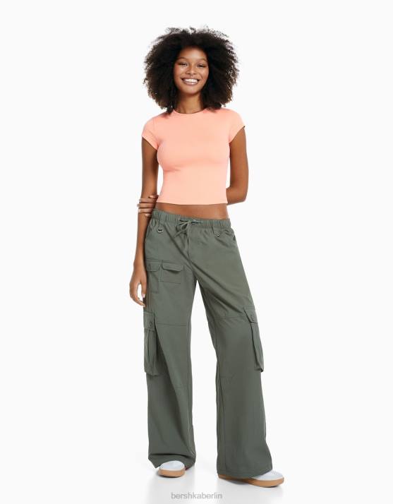 orange Bershka Frauen Geripptes Kurzarm-T-Shirt H00J350