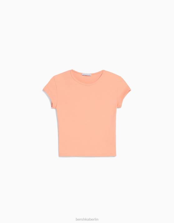 orange Bershka Frauen Geripptes Kurzarm-T-Shirt H00J350