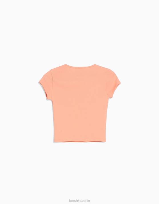 orange Bershka Frauen Geripptes Kurzarm-T-Shirt H00J350
