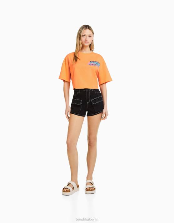 orange Bershka Frauen Kurzarm-T-Shirt mit Aufdruck H00J327