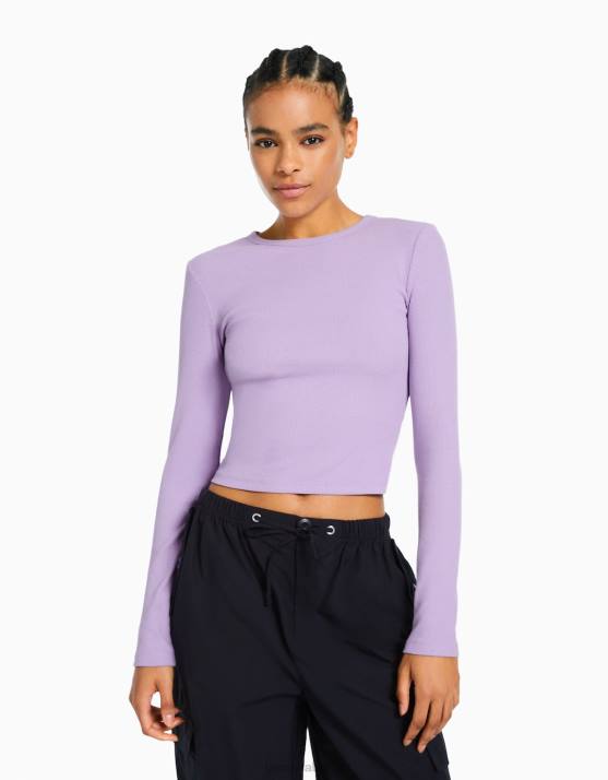 violett Bershka Frauen Geripptes Langarm-T-Shirt H00J574