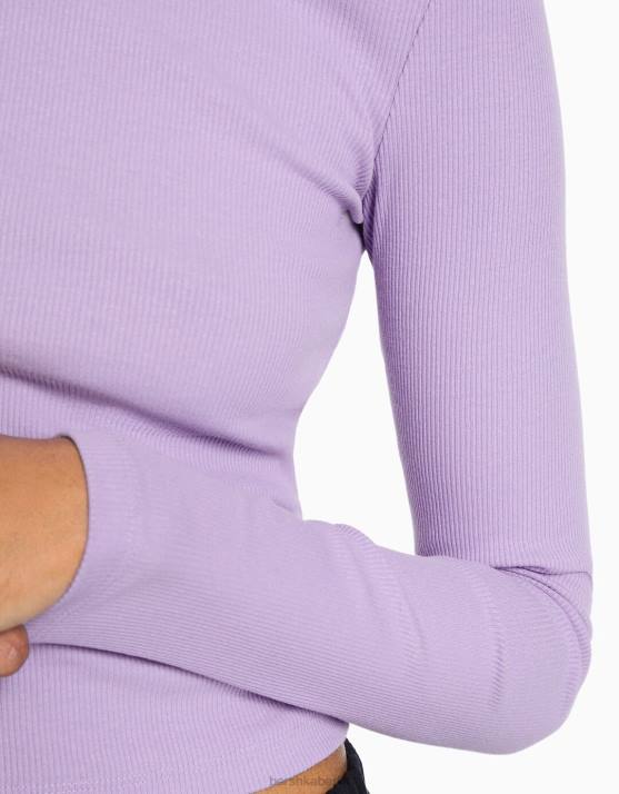 violett Bershka Frauen Geripptes Langarm-T-Shirt H00J574