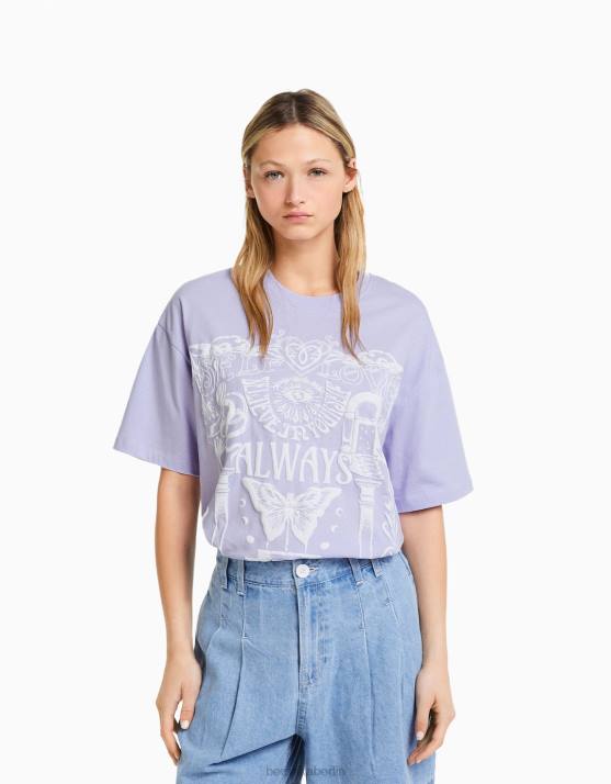 violett Bershka Frauen Kurzarm-T-Shirt mit Aufdruck H00J441