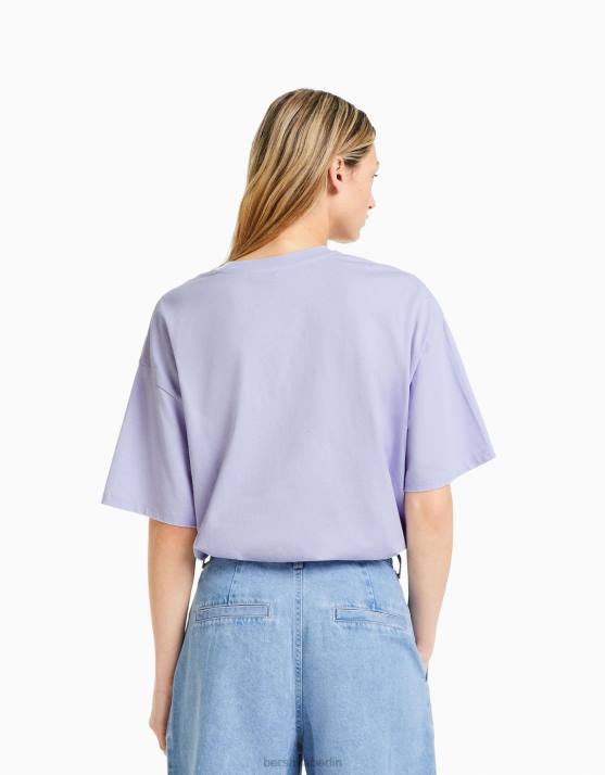 violett Bershka Frauen Kurzarm-T-Shirt mit Aufdruck H00J441