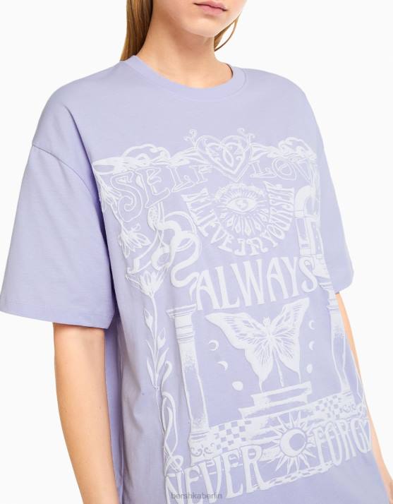violett Bershka Frauen Kurzarm-T-Shirt mit Aufdruck H00J441