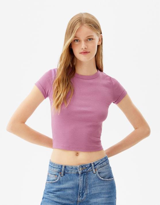 violett Bershka Frauen Tailliertes Kurzarm-T-Shirt H00J521
