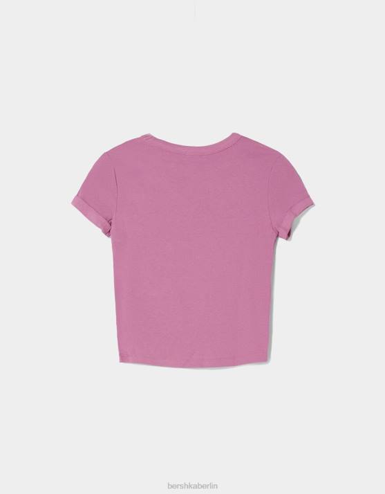 violett Bershka Frauen Tailliertes Kurzarm-T-Shirt H00J521