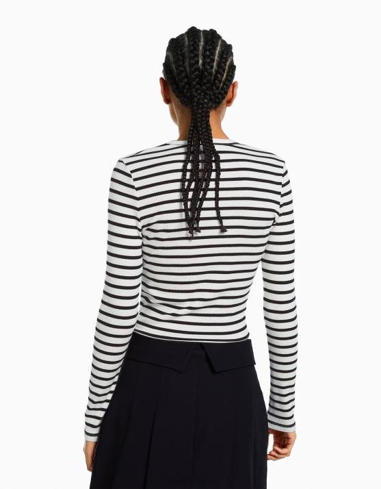 weiß schwarz Bershka Frauen Geripptes Langarm-T-Shirt H00J435