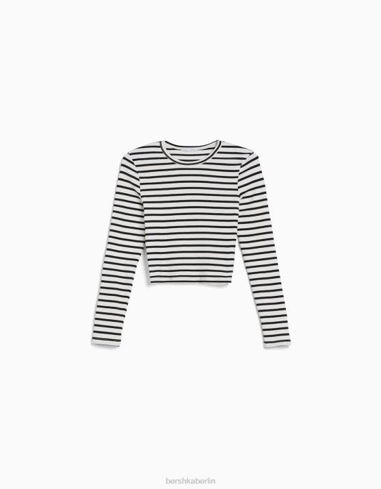 weiß schwarz Bershka Frauen Geripptes Langarm-T-Shirt H00J435