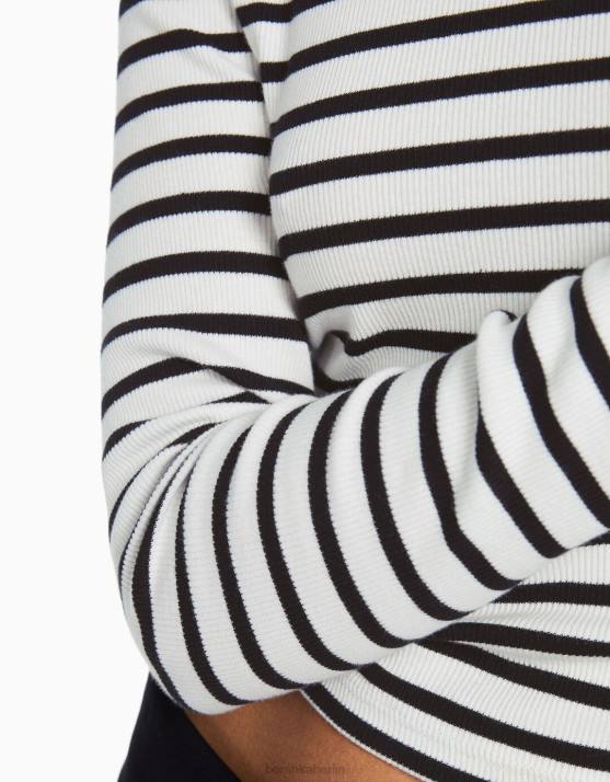 weiß schwarz Bershka Frauen Geripptes Langarm-T-Shirt H00J435