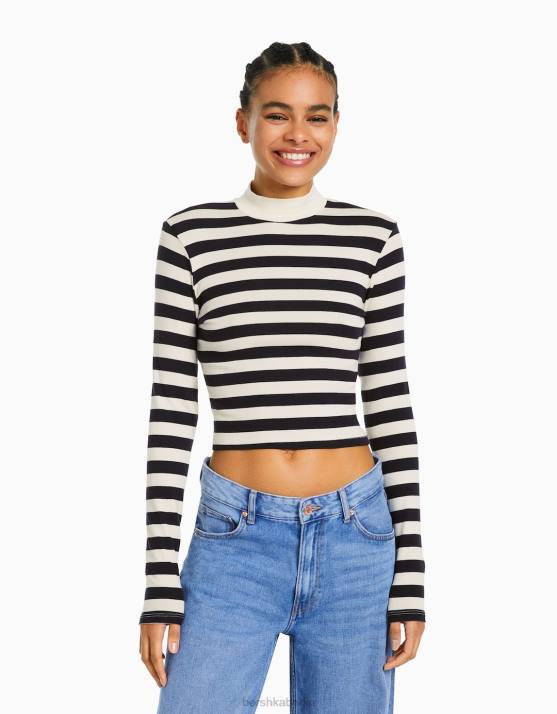 weiß schwarz Bershka Frauen Hochgeschlossenes, langärmliges T-Shirt H00J409