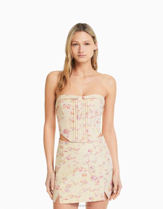 Beige Bershka Frauen Bedrucktes, strukturiertes Bustier-Oberteil H00J660