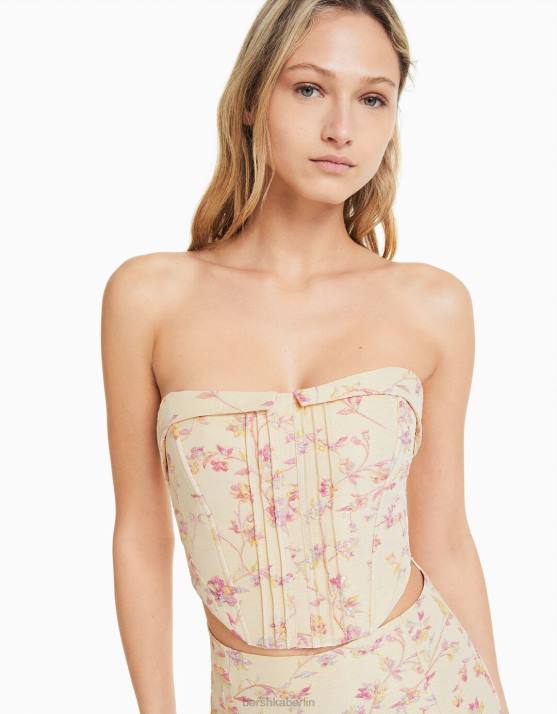 Beige Bershka Frauen Bedrucktes, strukturiertes Bustier-Oberteil H00J660
