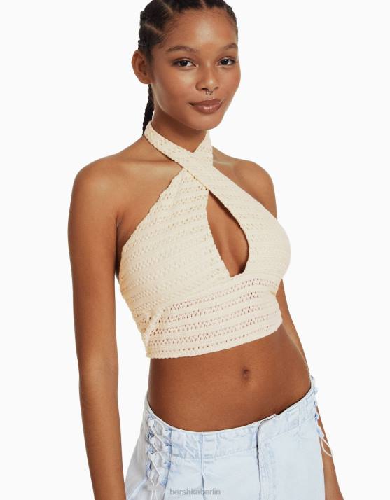 Beige Bershka Frauen Neckholder-Top mit Strickdetail H00J1933
