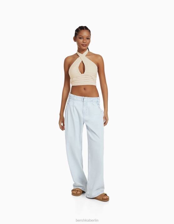 Beige Bershka Frauen Neckholder-Top mit Strickdetail H00J1933