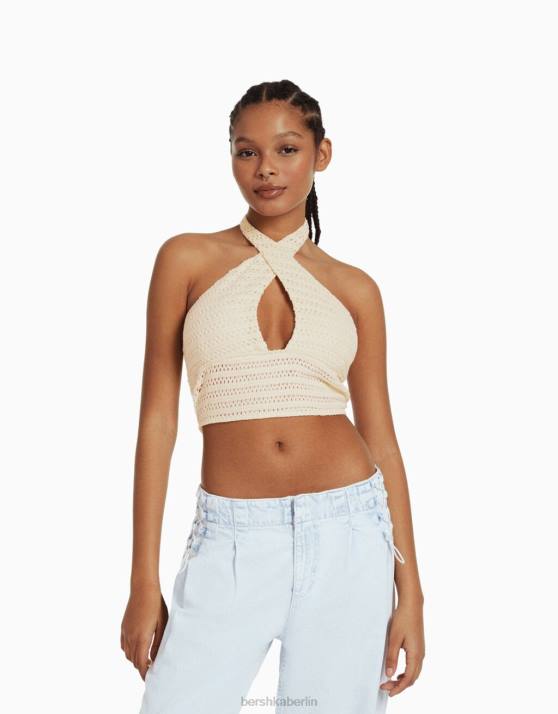 Beige Bershka Frauen Neckholder-Top mit Strickdetail H00J1934