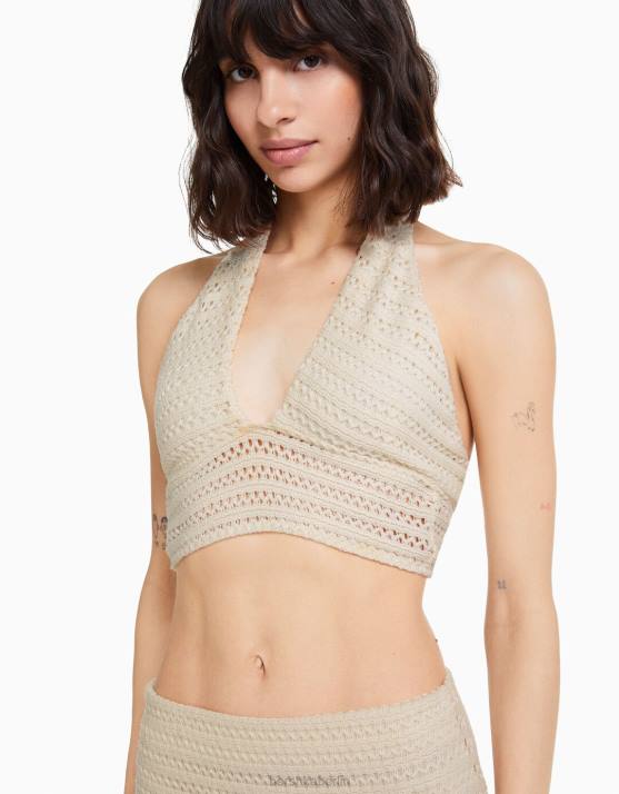 Beige Bershka Frauen Neckholder-Top mit Strickdetail H00J753