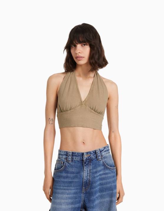 Beige Bershka Frauen Rustikales Crop-Top aus Leinenmischung H00J734