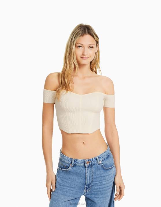Beige Bershka Frauen Schulterfreies Strickkorsett mit kurzen Ärmeln H00J803