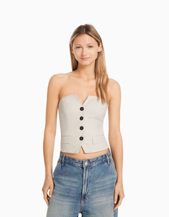 Beige Bershka Frauen Tailliertes Oberteil mit Knöpfen H00J673