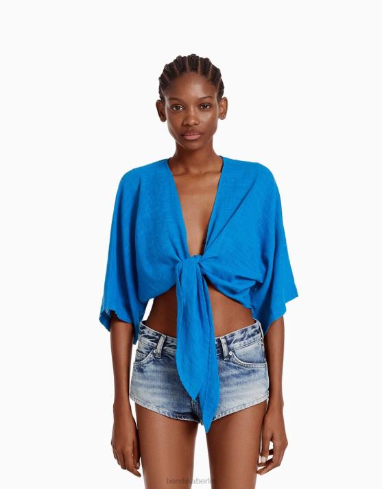 Blau Bershka Frauen Kurzärmliges, rustikales Hemd H00J742