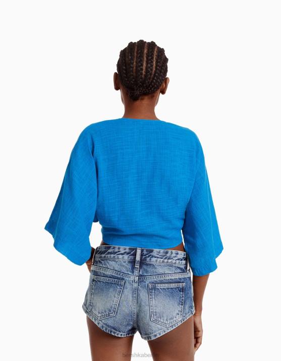 Blau Bershka Frauen Kurzärmliges, rustikales Hemd H00J742