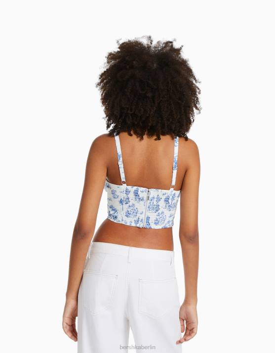 Blau Bershka Frauen Kurzes Korsett-Oberteil aus Popeline mit Trägern H00J686