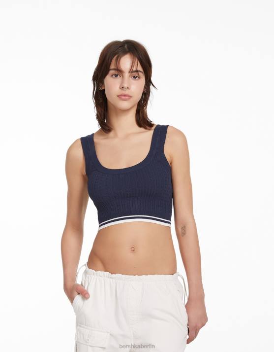 Blau Bershka Frauen Oberteil mit Zopfmuster H00J895