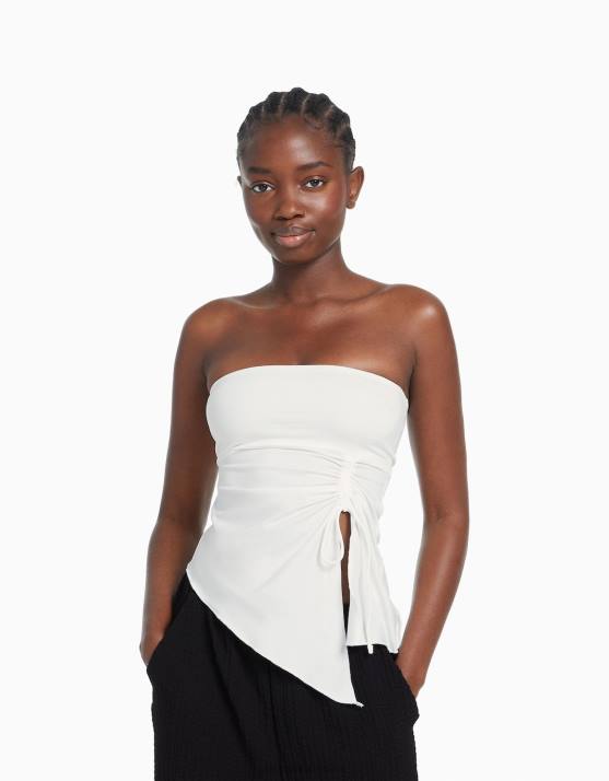Creme Bershka Frauen Bandeau-Top mit gerafften Details H00J704