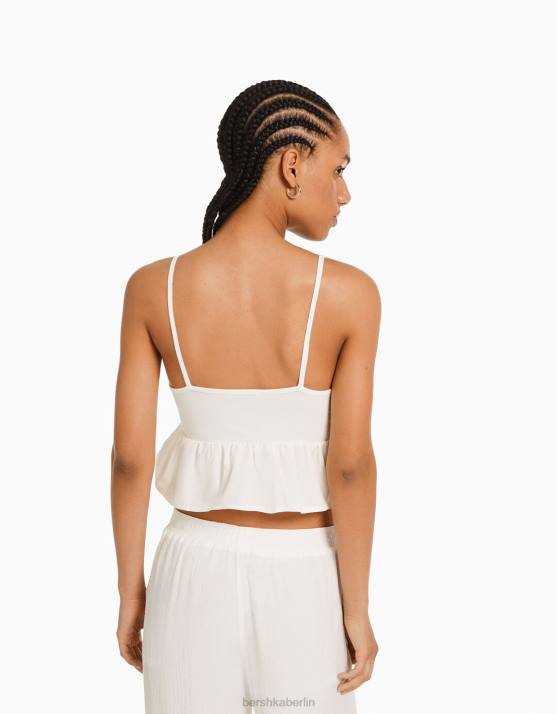 Creme Bershka Frauen Crop-Top mit Schößchen und Trägern H00J791